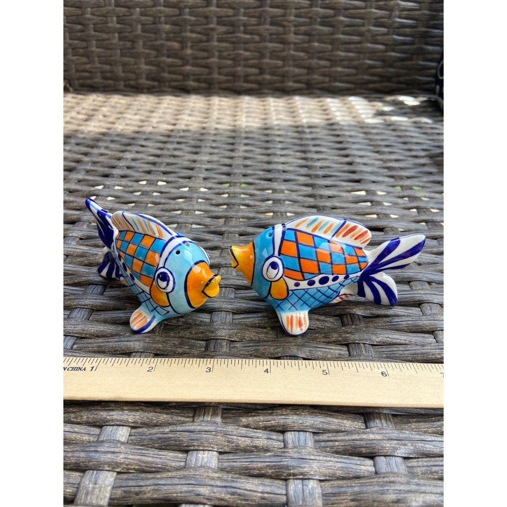 Blue Sky Diane Ceramic Tropical Fish Salt and Pepper Shakers Set Blue Orange